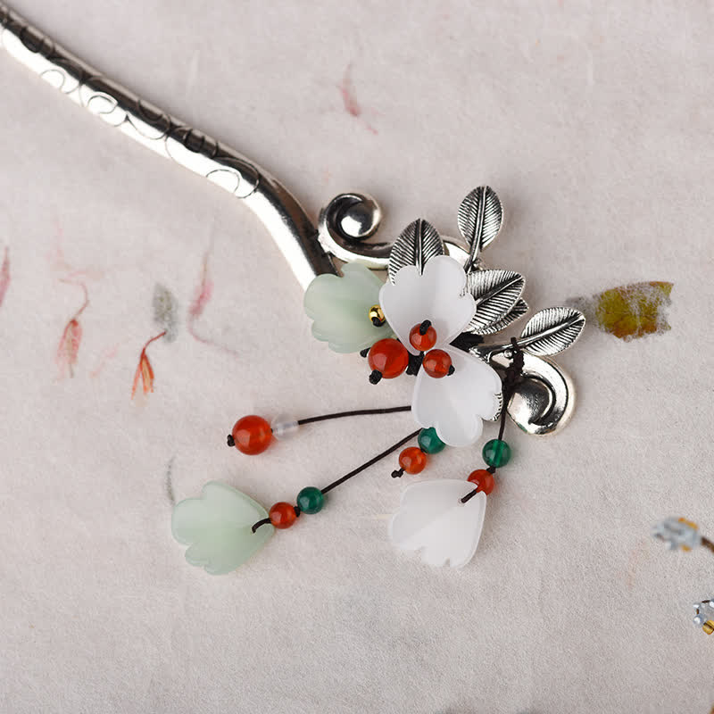 Buddha Stones Red Agate Flower Leaf Calm Confidence Tassel Hairpin Hairpin BS 2