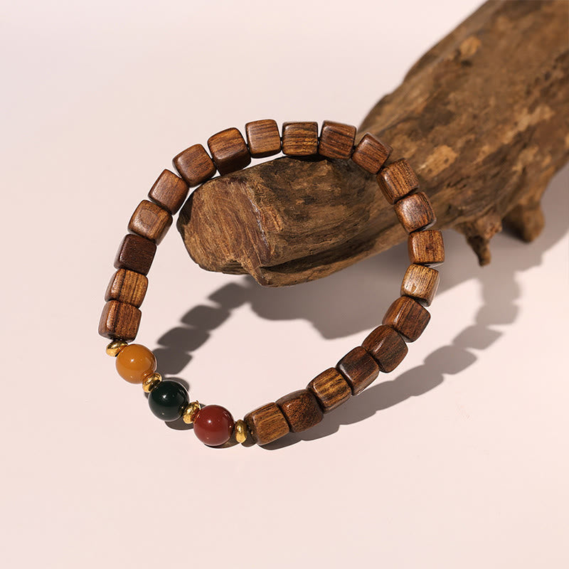 Buddha Stones Rosewood Auspicious Clouds Totem Fu Character Bamboo Pattern Warmth Bracelet Bracelet BS Square Beads(Wrist Circumference 14-16cm)