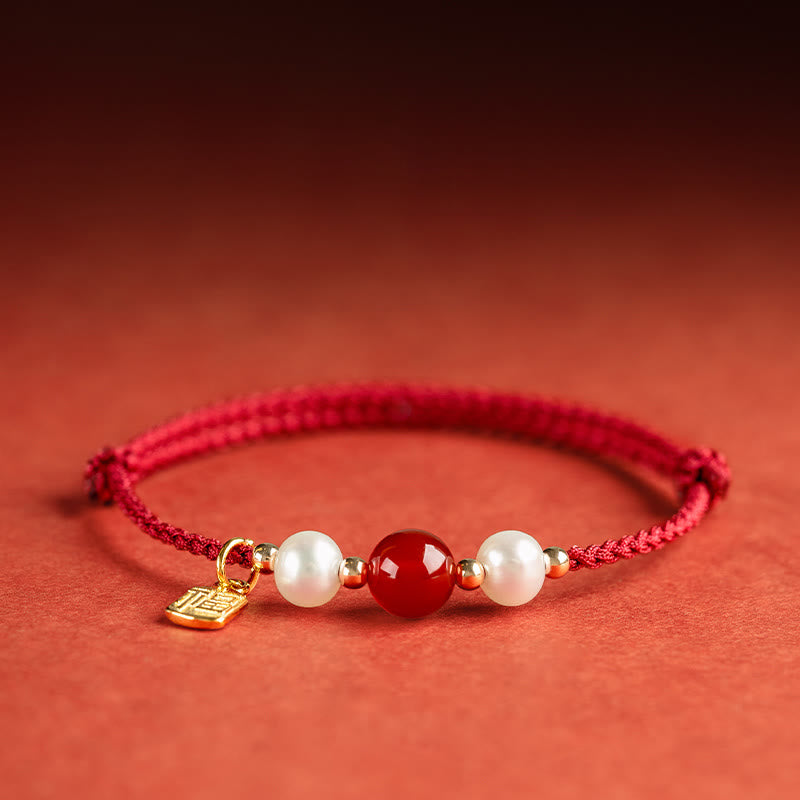 Buddha Stones 925 Sterling Silver Good Fortune Fu Character Agate Pearl Red String Braid Bracelet - image 7