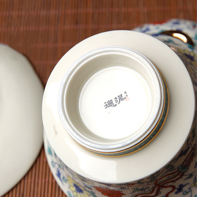 Buddha Stones Retro Plum Blossom Pine Bamboo Phoenix Kirin Ceramic Gaiwan Sancai Teacup Kung Fu Tea Cup and Saucer with Lid Cup BS 10