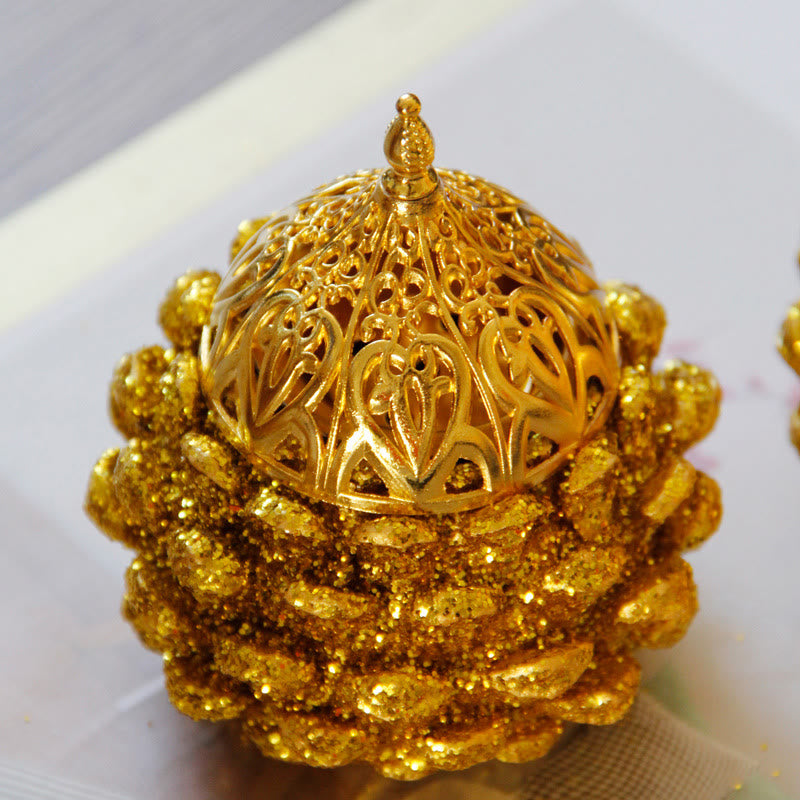 Buddha Stones Gold Pine Cone Pattern Spiritual Rituals Mini Incense Burner Home Tabletop Decor Incense Burner BS 3
