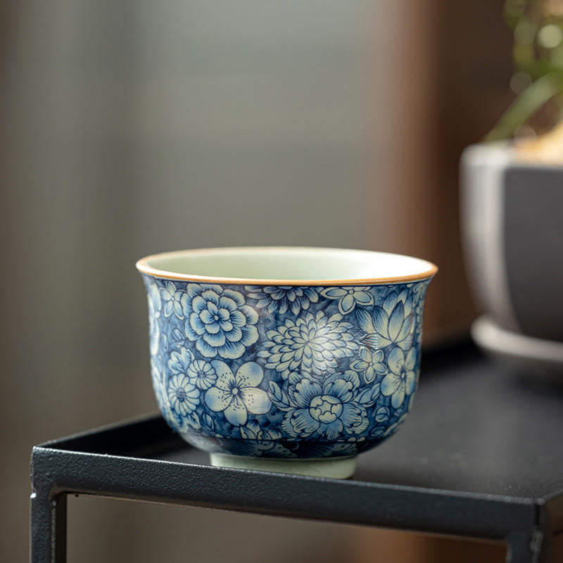 Buddha Stones Vintage Lotus Peony Plum Blossom Chrysanthemum Ceramic Teacup Tea Cups Cup BS 1
