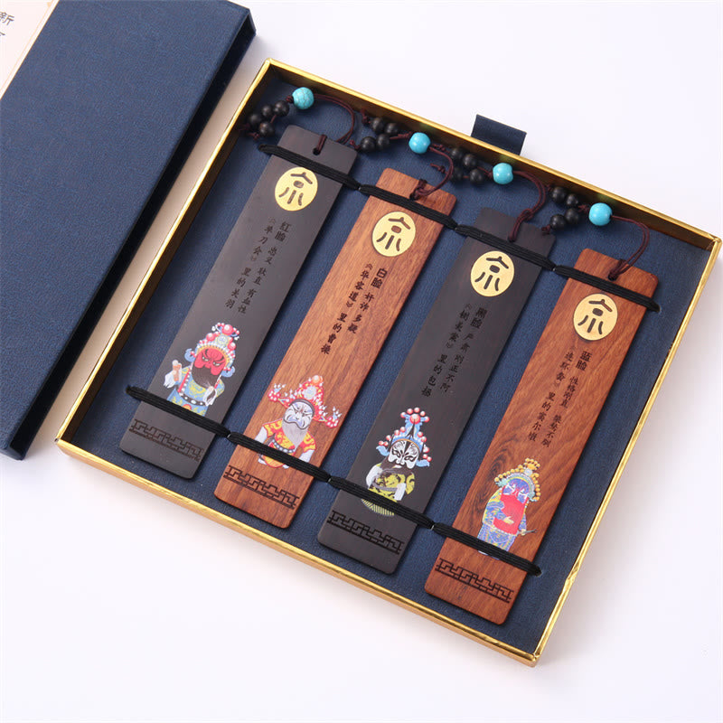 Buddha Stones 4Pcs Four Seasons Plum Orchid Bamboo Chrysanthemum Peking Opera Mask Wood Bookmarks With Gift Box Bookmarks BS 4Pcs Peking Opera Characters