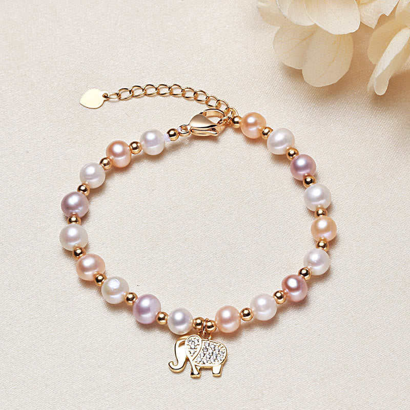 Buddha Stones 18K Gold Plated Pearl Elephant Zircon Charm Sincerity Bracelet Bracelet BS Pearl(Healing♥Wisdom)
