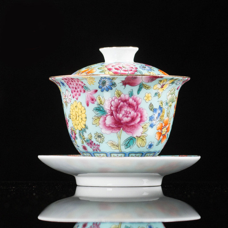 Buddha Stones Peony Flowers Ceramic Gaiwan Sancai Teacup Kung Fu Tea Cup And Saucer With Lid Cup BS Green 9.5cm*9.3cm*160ml