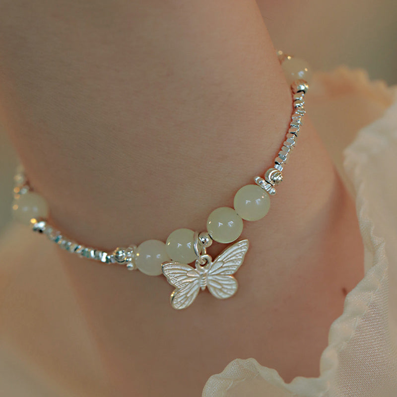 Buddha Stones 925 Sterling Silver Natural Hetian Jade Luck Butterfly Charm Bracelet Bracelet BS 3
