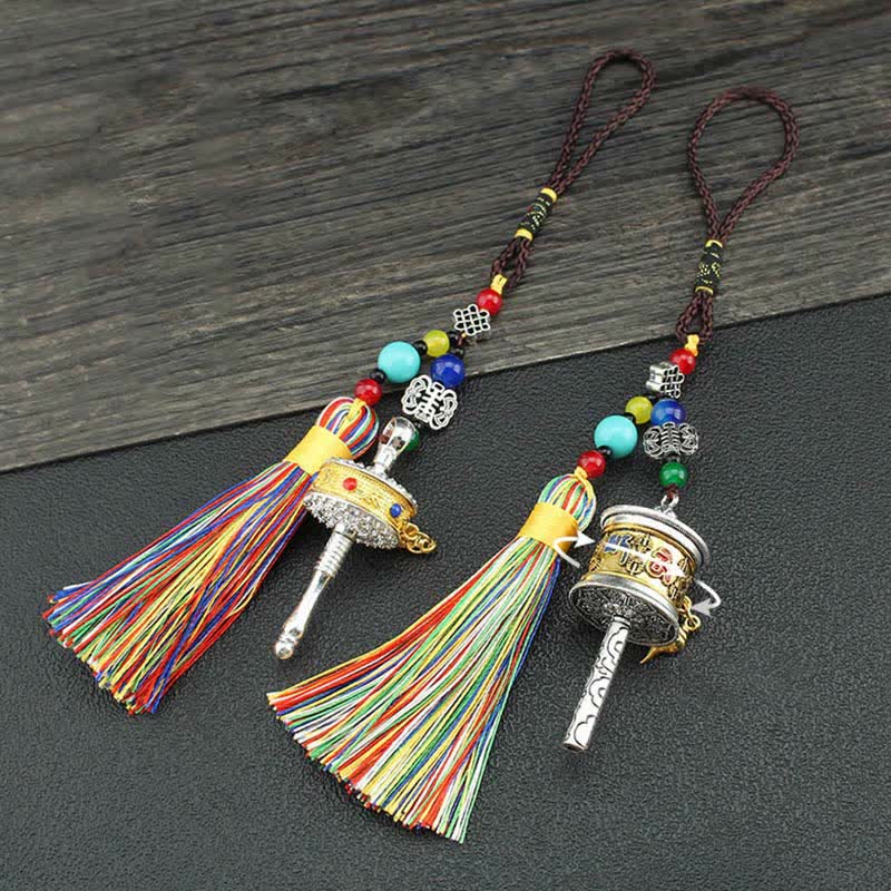 Buddha Stones Tibet Om Mani Padme Hum Prayer Wheel Tassel Bag Car Hanging Decoration Car Hanging Decoration BS 15