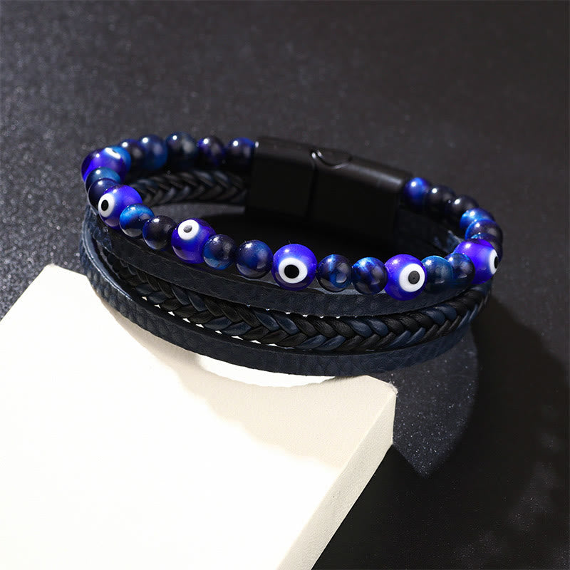 Buddha Stones Evil Eye Tiger Eye Protection Beaded Multilayered Braided Bracelet Bracelet BS 4