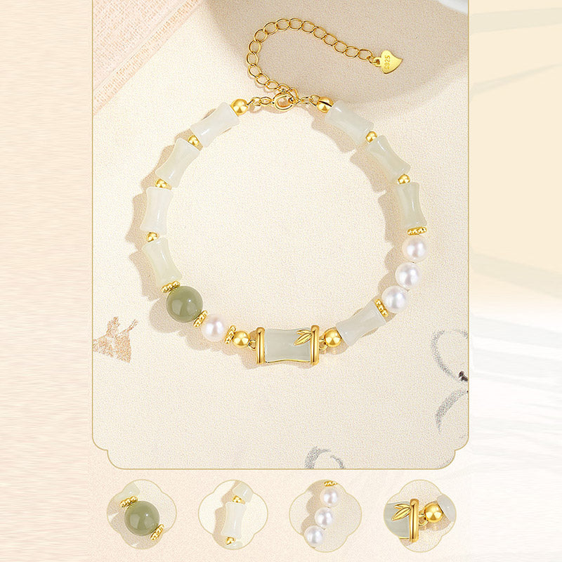 Buddha Stones 925 Sterling Silver Natural Hetian White Jade Bamboo Luck Blessing Bracelet Bracelet BS 10