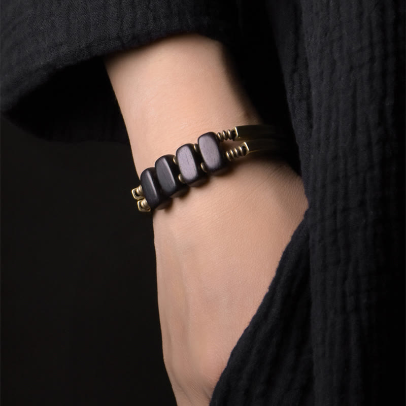 Buddha Stones Tibetan Ebony Wood Brass Copper Balance Double Layer Bracelet - image 4