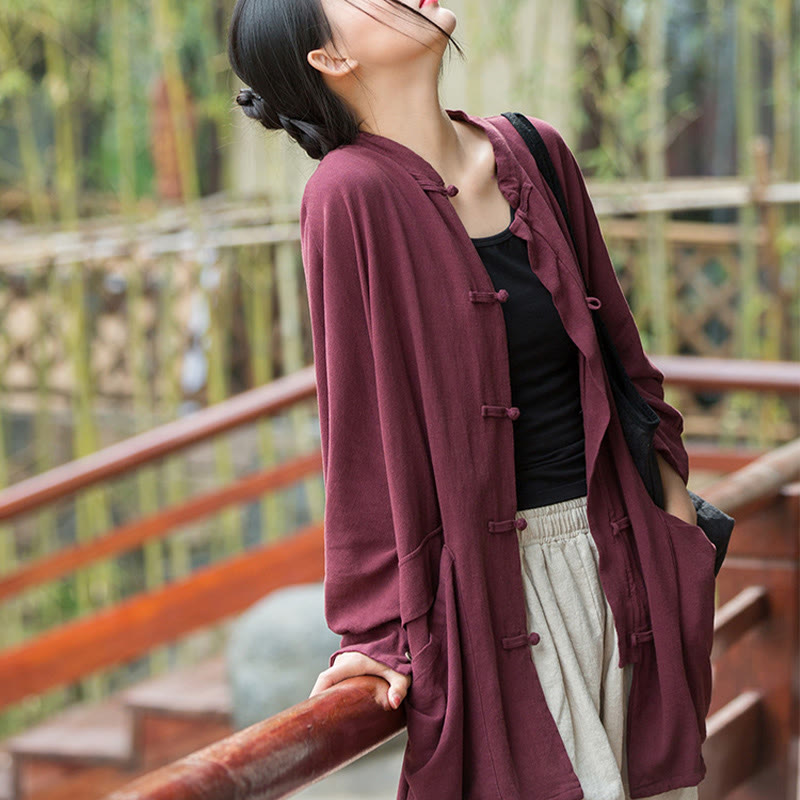 Buddha Stones Frog-Button Long Sleeve Zen Meditation Open Front Jacket With Pockets 3