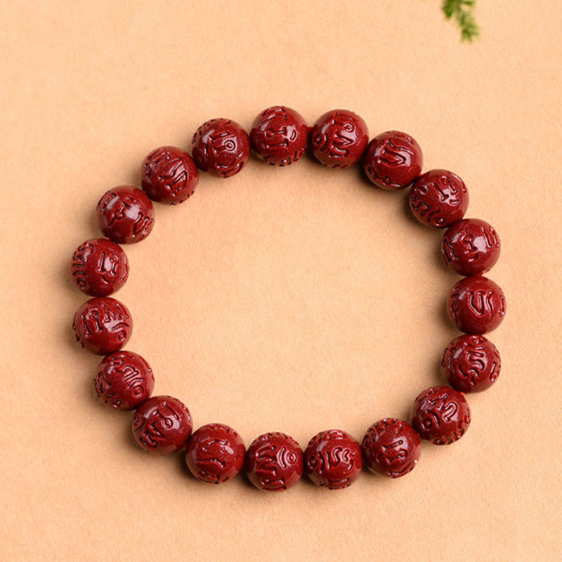 Buddha Stones Natural Cinnabar Om Mani Padme Hum Fret Pattern Lotus Blessing Bracelet Bracelet BS 3