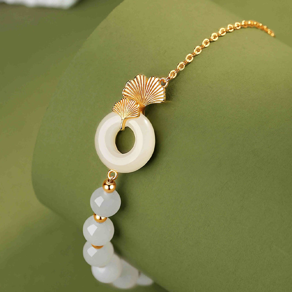 Buddha Stones 925 Sterling Silver Hetian White Jade Peace Buckle Ginkgo Leaf Luck Bracelet Bracelet BS 3