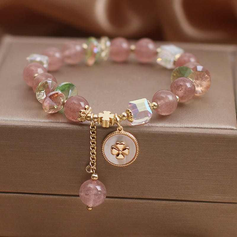 Buddha Stones Strawberry Quartz Lucky Four Leaf Clover Healing Charm Bracelet Bracelet BS 1