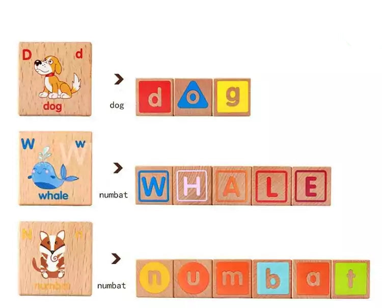 Fidtoy Wooden ABC Blocks for Toddlers, 26-Piece Alphabet Learning Blocks with Uppercase Lowercase Letters, Pictures, Colors and Storage Bag Age 24M+