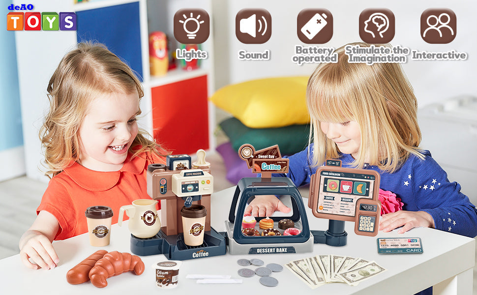 Juego de café de juguete para niños pequeños, tienda de juegos de cocina, juego de café, postres, compras con cafetera, caja registradora, juguete para niños de 3 años en adelante