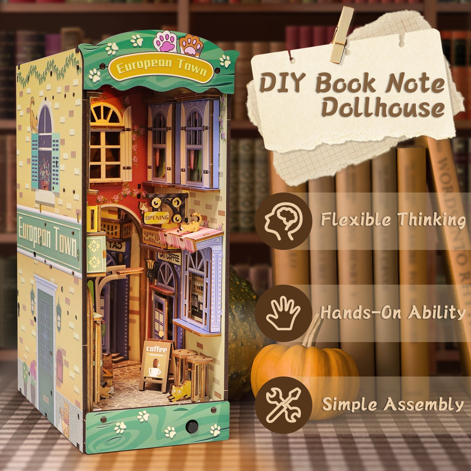 Kit de coin de livre à monter soi-même, maison de poupée miniature, serre-livre décoratif pour étagère, modèle de serre-livre en bois (modèle Rue et Chat)
