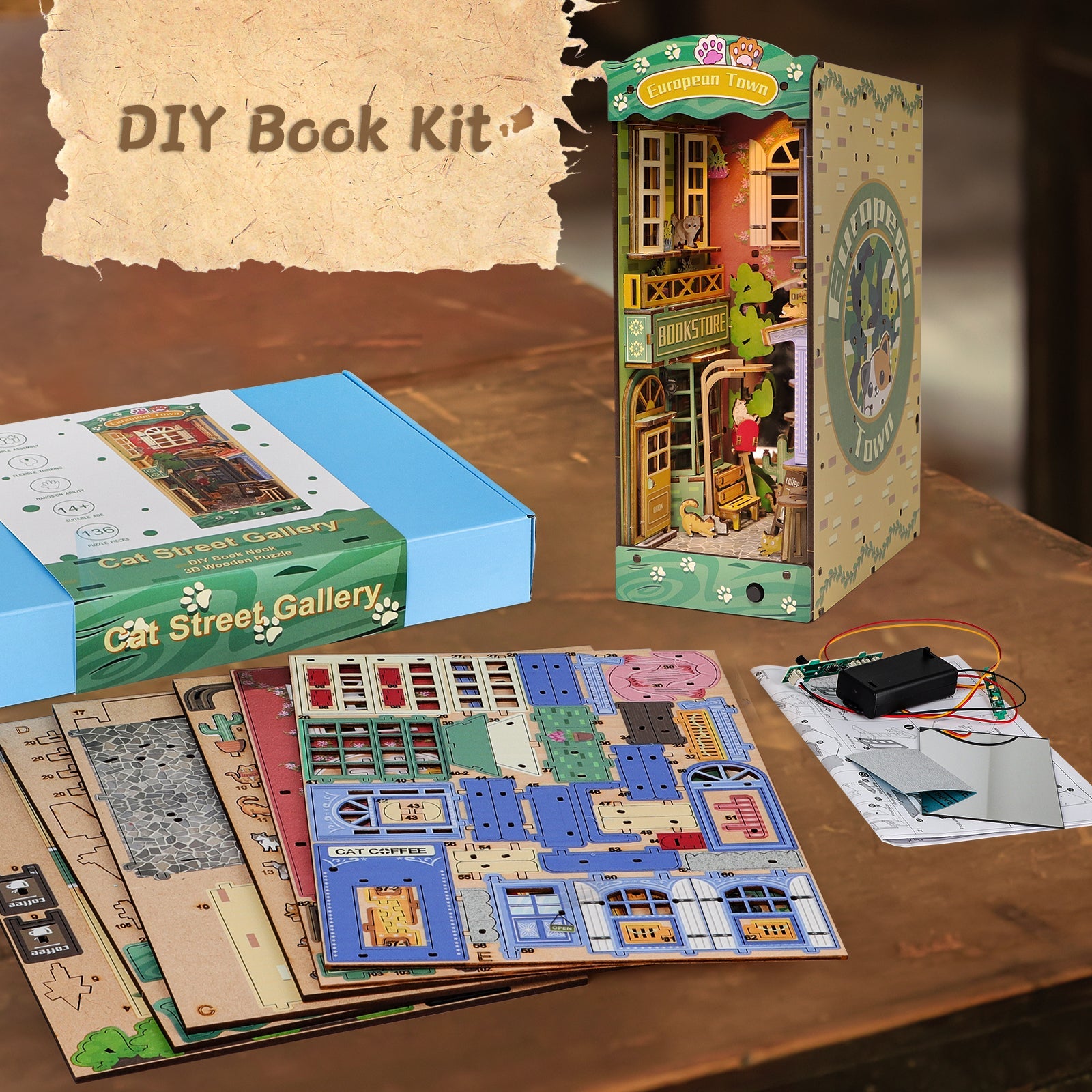 Kit de coin de livre à monter soi-même, maison de poupée miniature, serre-livre décoratif pour étagère, modèle de serre-livre en bois (modèle Rue et Chat)