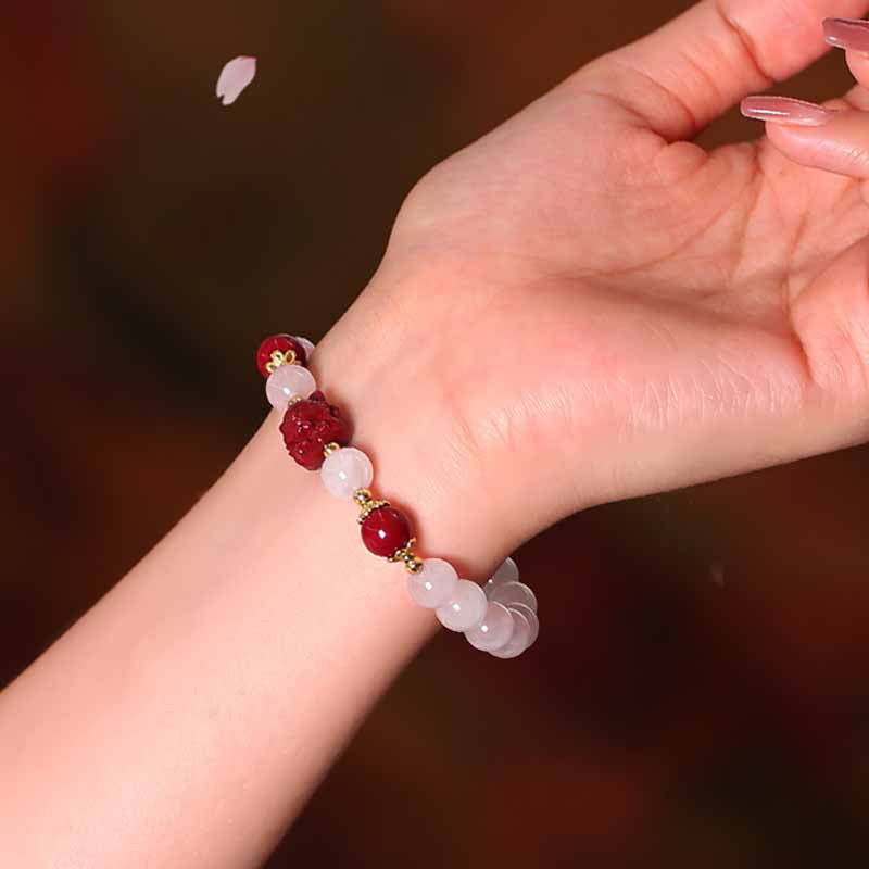 Buddha Stones Natural Pink Crystal Cinnabar Nine Tailed Fox Love Bracelet Bracelet BS 5