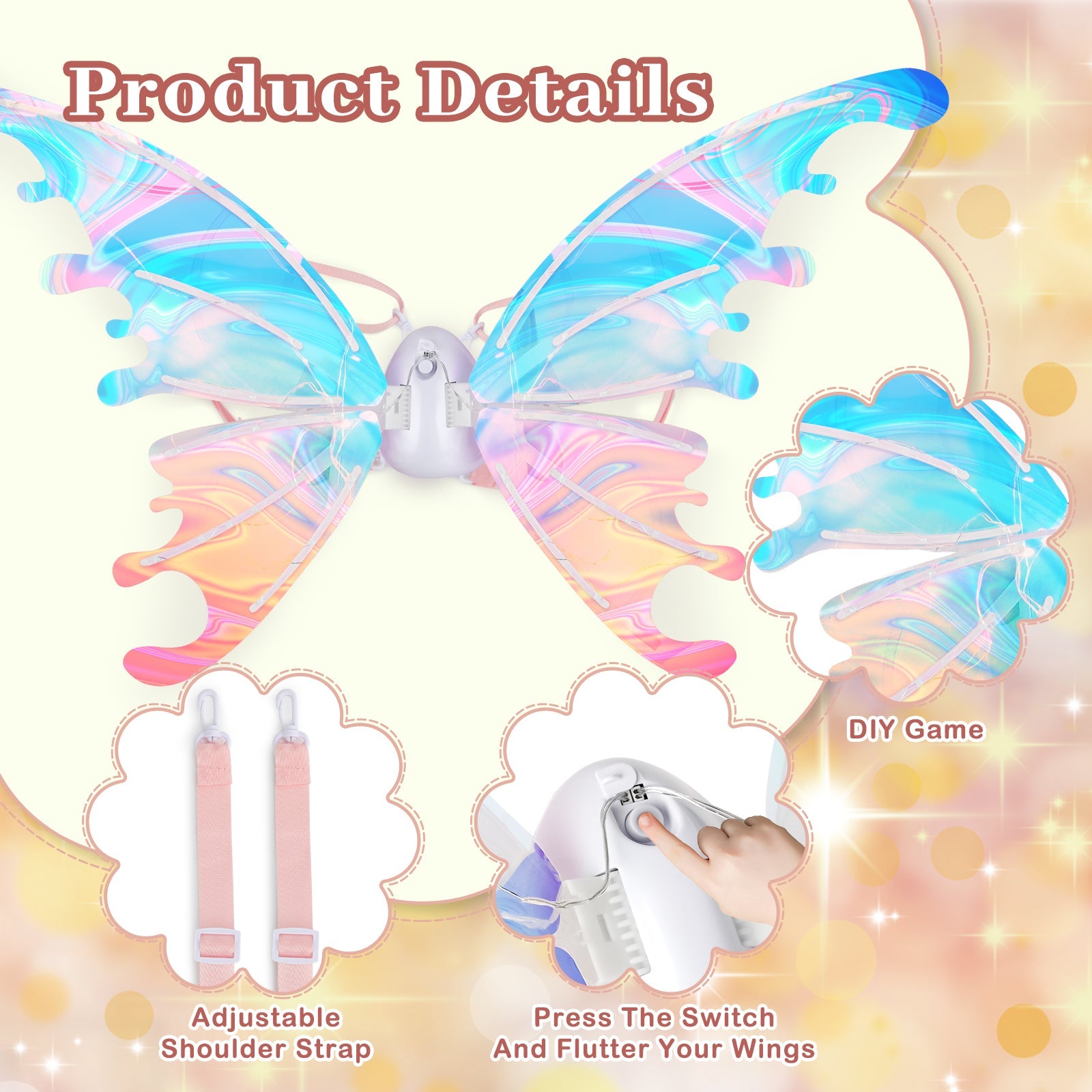 Glowing Butterfly Wings Fairy Costume Angel Wings for Girls Fun Play Fancy Dress-up for Kids Halloween Cosplay Christmas Birthdays