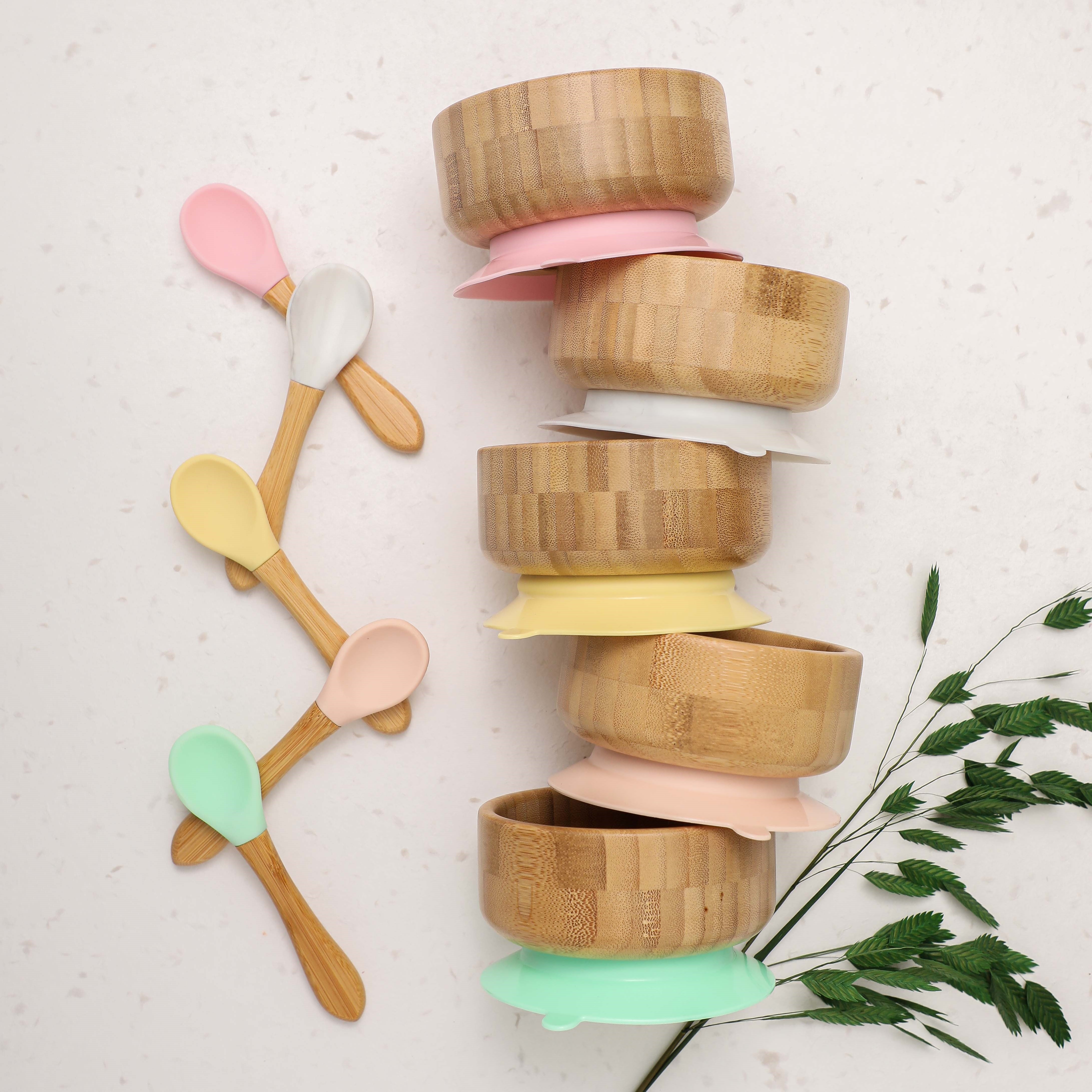 Juego de cuenco y cuchara de bambú con ventosa Fidtoy – Cuenco para bebés para BLW