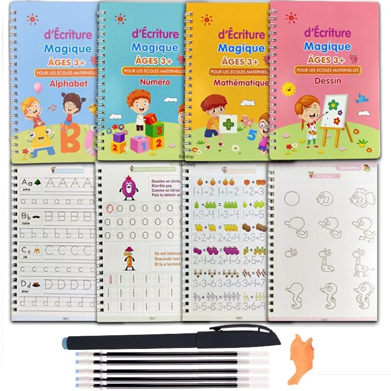 Fidtoy Magic Practice Copybook for Kids – Reusable Handwriting Workbook Set with Grooved Writing Pages, Disappearing Ink Pen, French Writing Practice, and Calligraphy Learning