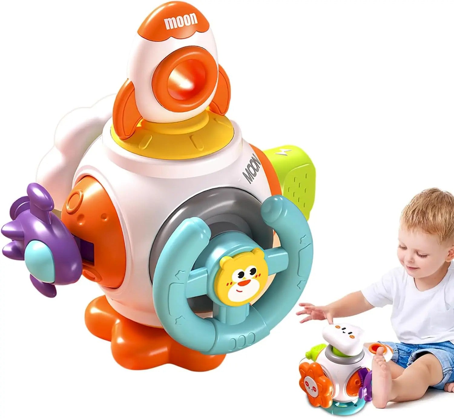 Fidtoy Rocket Montessori Busy Cube for Babies – 6-Sided Sensory Activity Cube with Spinner, Press Button, Pull Rocket, Steering Wheel, Simulated Plug, and Space Play