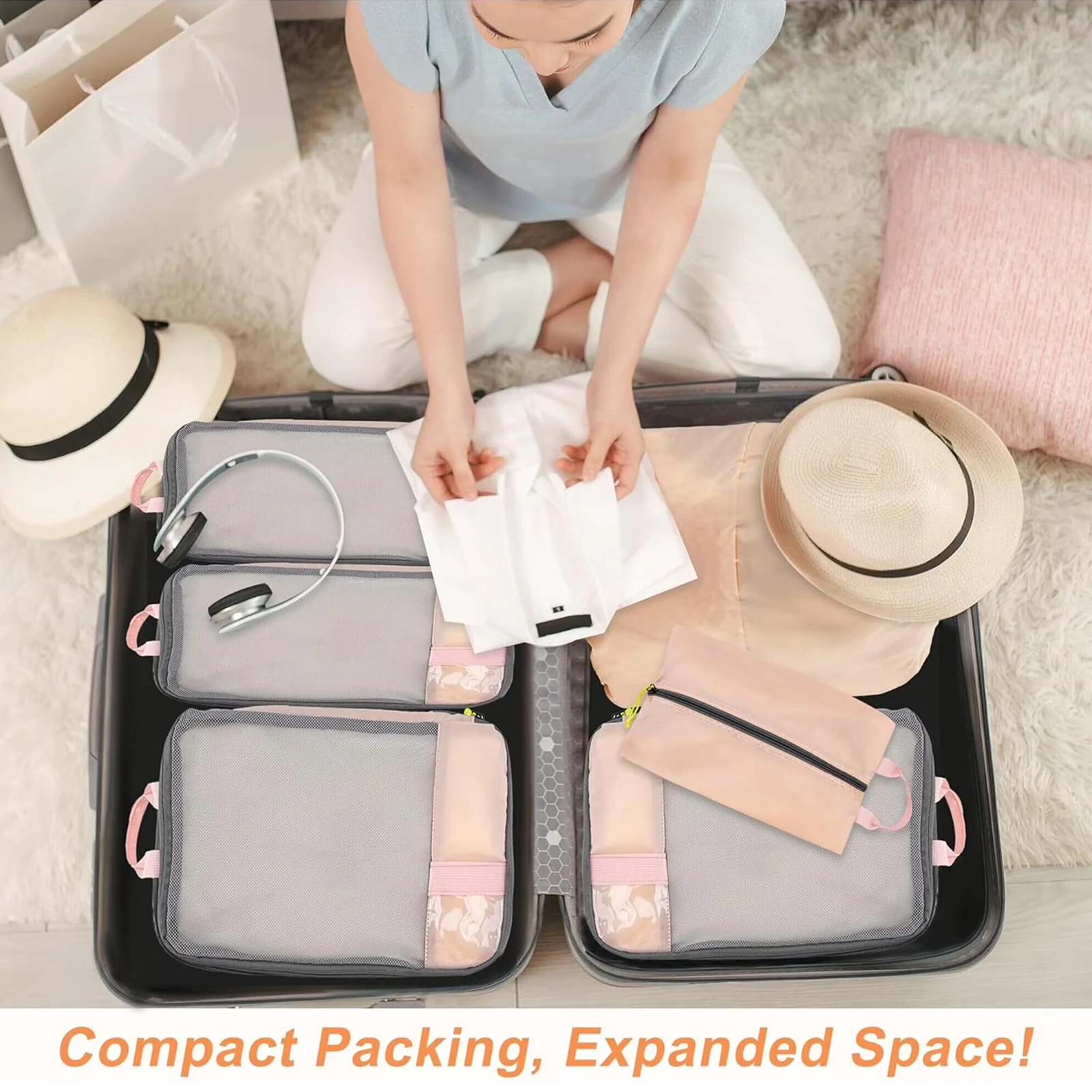 Foviel T1 Compression Packing Cubes Set | 6-Piece Expandable Travel Organizers