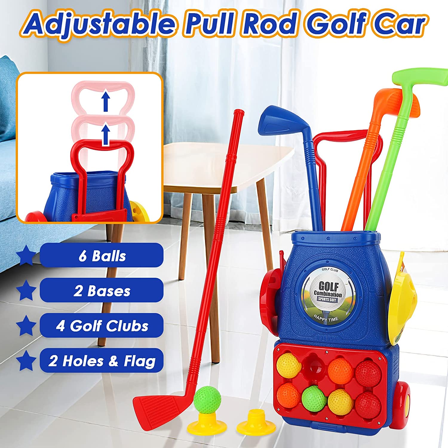 Juego de Juguete de Maleta de Golf para Niños, Juguetes Deportivos para Exterior e Interior con 6 Pelotas, 4 Palos de Golf, 2 Hoyos de Práctica, Set de Palos de Golf para Juego de Jardín para Niños
