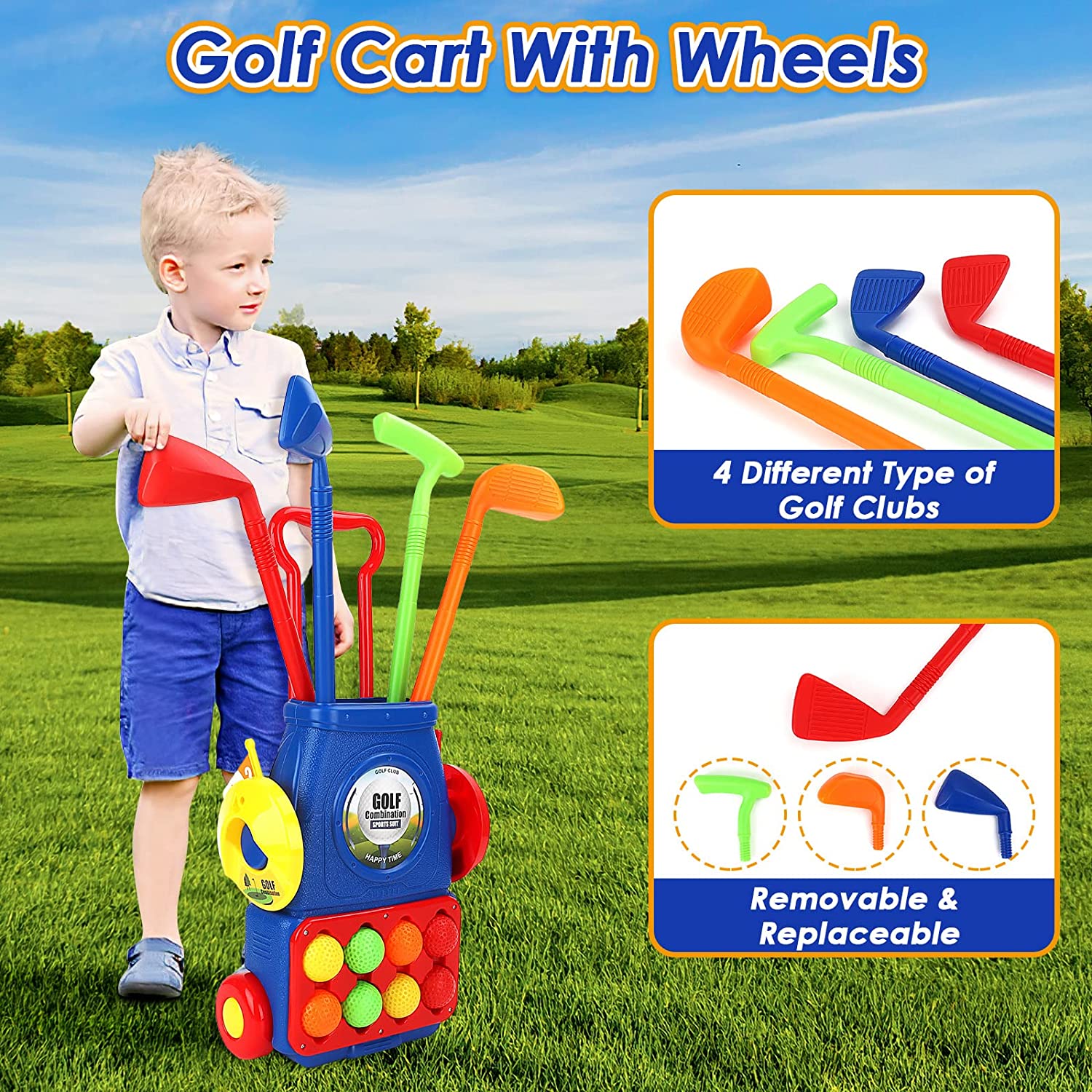 Juego de Juguete de Maleta de Golf para Niños, Juguetes Deportivos para Exterior e Interior con 6 Pelotas, 4 Palos de Golf, 2 Hoyos de Práctica, Set de Palos de Golf para Juego de Jardín para Niños