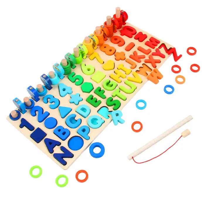 Fidtoy Tableau d'apprentissage des chiffres et des lettres Montessori en bois – Jouet de pêche magnétique et de tri des formes