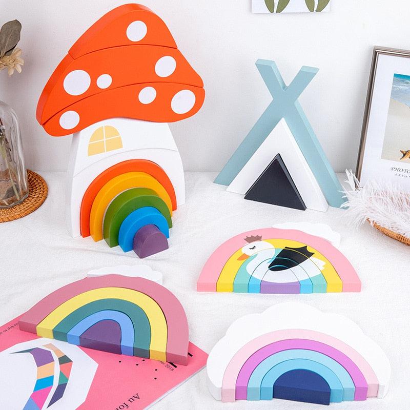 Juego de bloques de madera creativos Fidtoy - Juguete Montessori de apilamiento arcoíris y construcción imaginativa