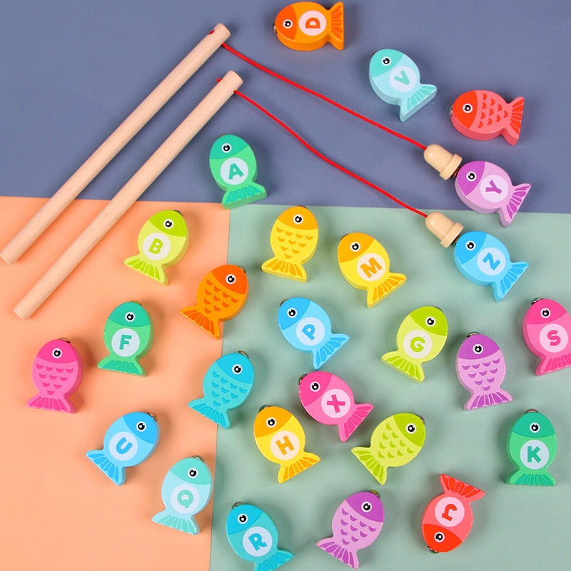 Juguetes educativos de madera Montessori: Juego de pesca con números y alfabeto para tablero