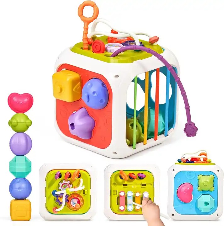 Fidtoy 7-in-1 Montessori Activity Cube for Toddlers – Multifunctional Sensory Learning Cube with Shape Sorter, Xylophone, Gears, Beads, Pull String, and Stacking Blocks