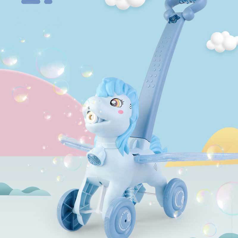 Fidtoy Máquina de burbujas con forma de pony para empujar a mano | Divertido juego de burbujas de colores para niños pequeños al aire libre