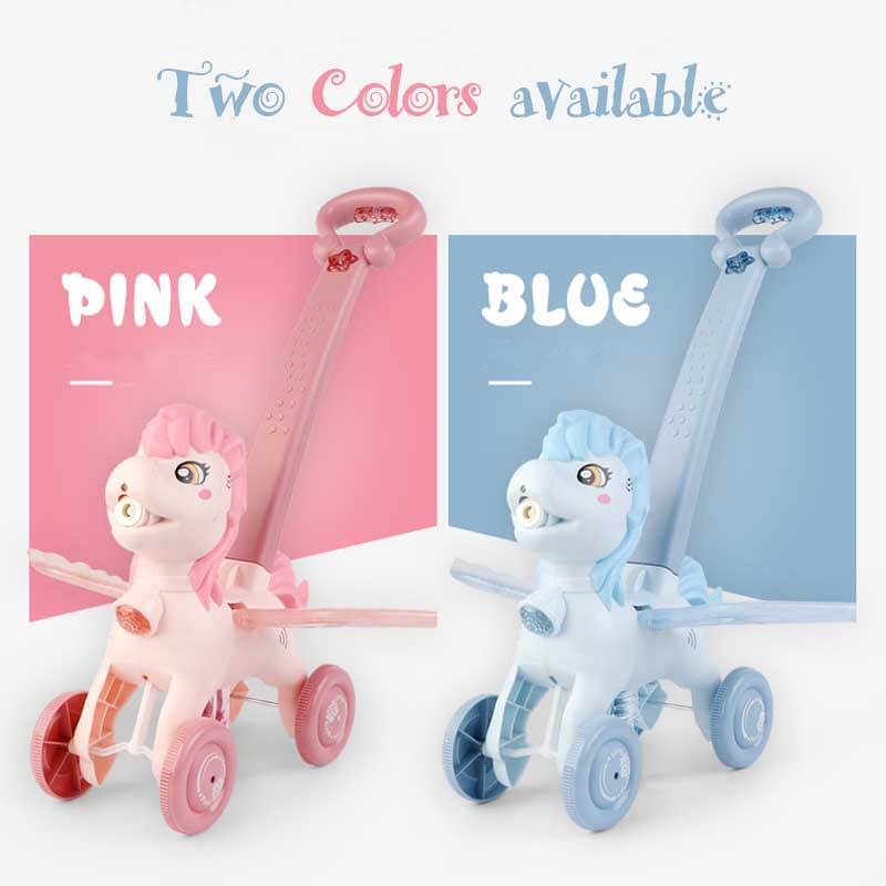 Fidtoy Máquina de burbujas con forma de pony para empujar a mano | Divertido juego de burbujas de colores para niños pequeños al aire libre