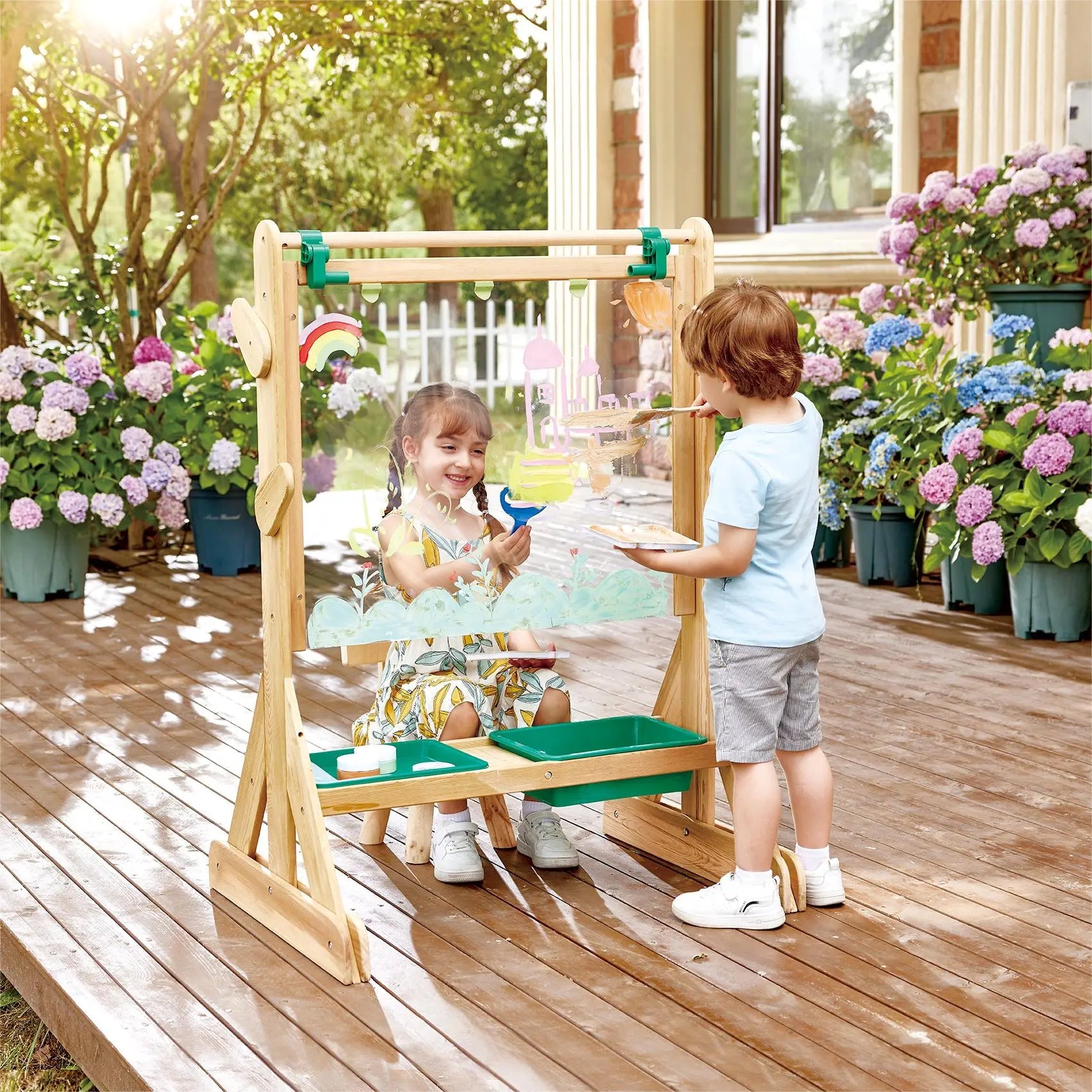 Fidtoy Wooden Outdoor Art Easel for Kids Double Sided Painting Set