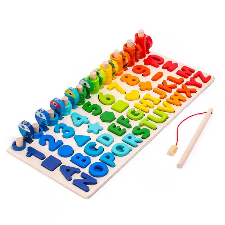 Fidtoy Tableau d'apprentissage des chiffres et des lettres Montessori en bois – Jouet de pêche magnétique et de tri des formes
