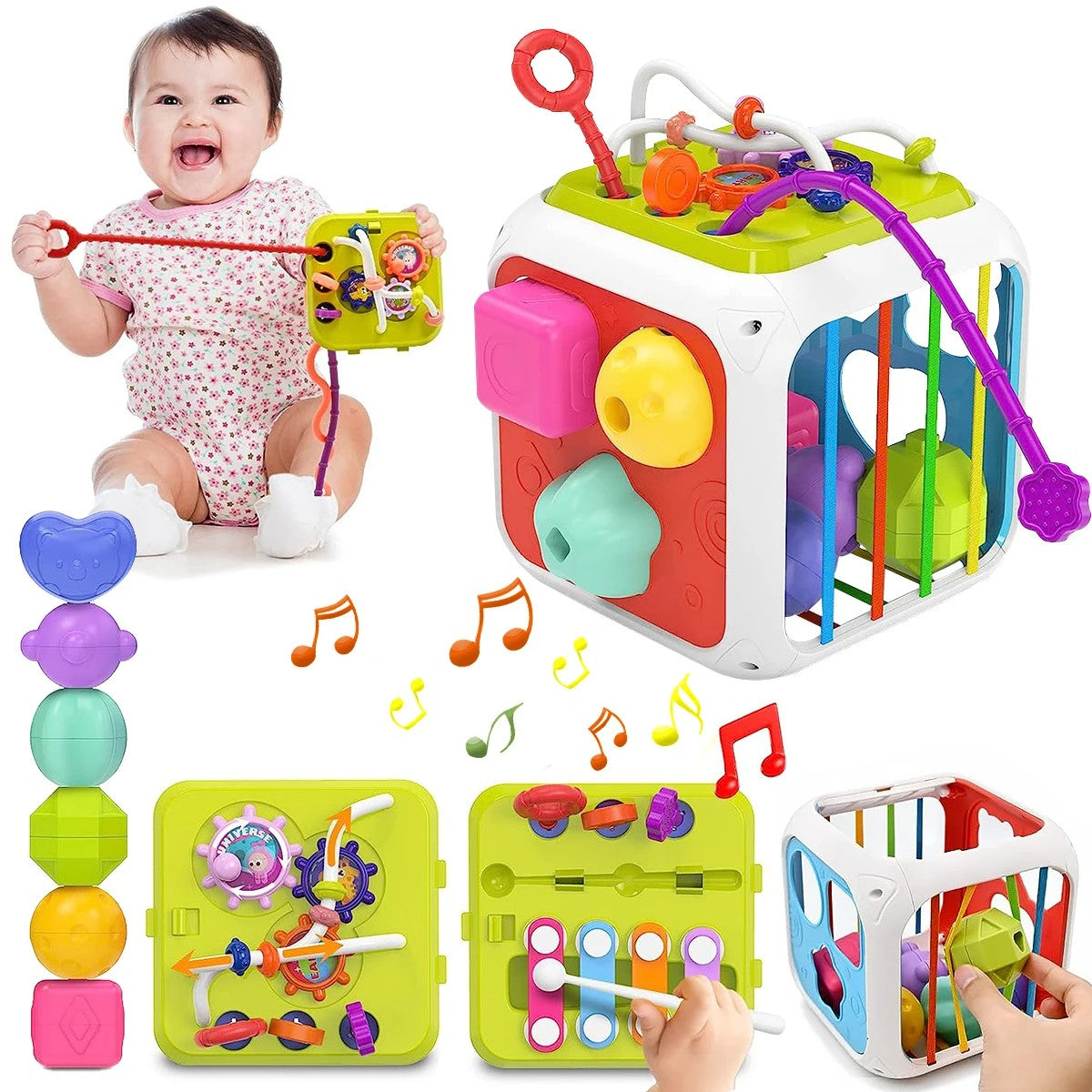 Fidtoy 7-in-1 Montessori Activity Cube for Toddlers – Multifunctional Sensory Learning Cube with Shape Sorter, Xylophone, Gears, Beads, Pull String, and Stacking Blocks