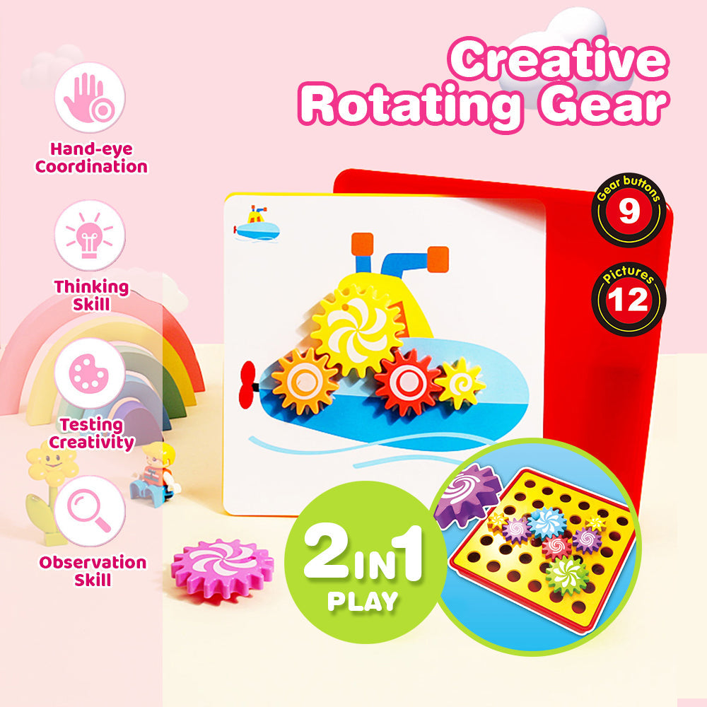 Fidtoy 2 in 1 Creative Gear Art, Plastic Gear Art Drawing Set with 9 Gear Buttons, 12 Pictures and Storage Box, Fine Motor Creative Pattern Toy Ages 3+