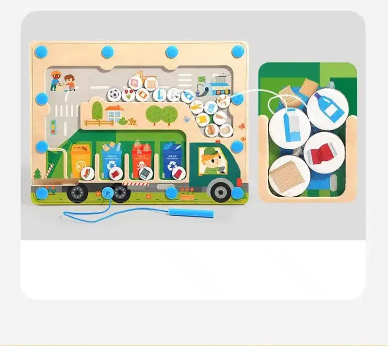 Fidtoy Magnetic Pickup Truck Board – Montessori Maze Toy for Preschoolers’ Fine Motor and Recycling Skills