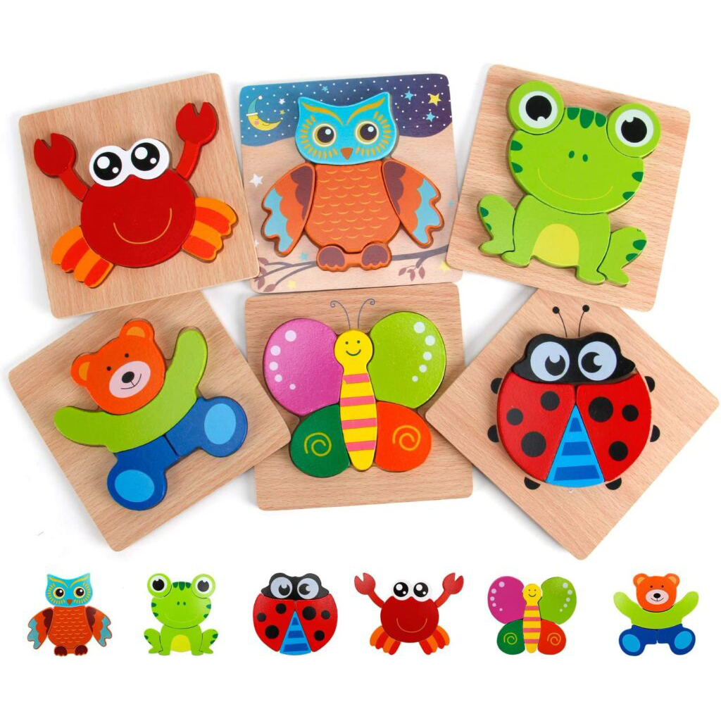 Fidtoy Puzle de madera Montessori, juego de aprendizaje de formas para niños pequeños de 1 a 4 años, puzles Montessori, paquete de 6