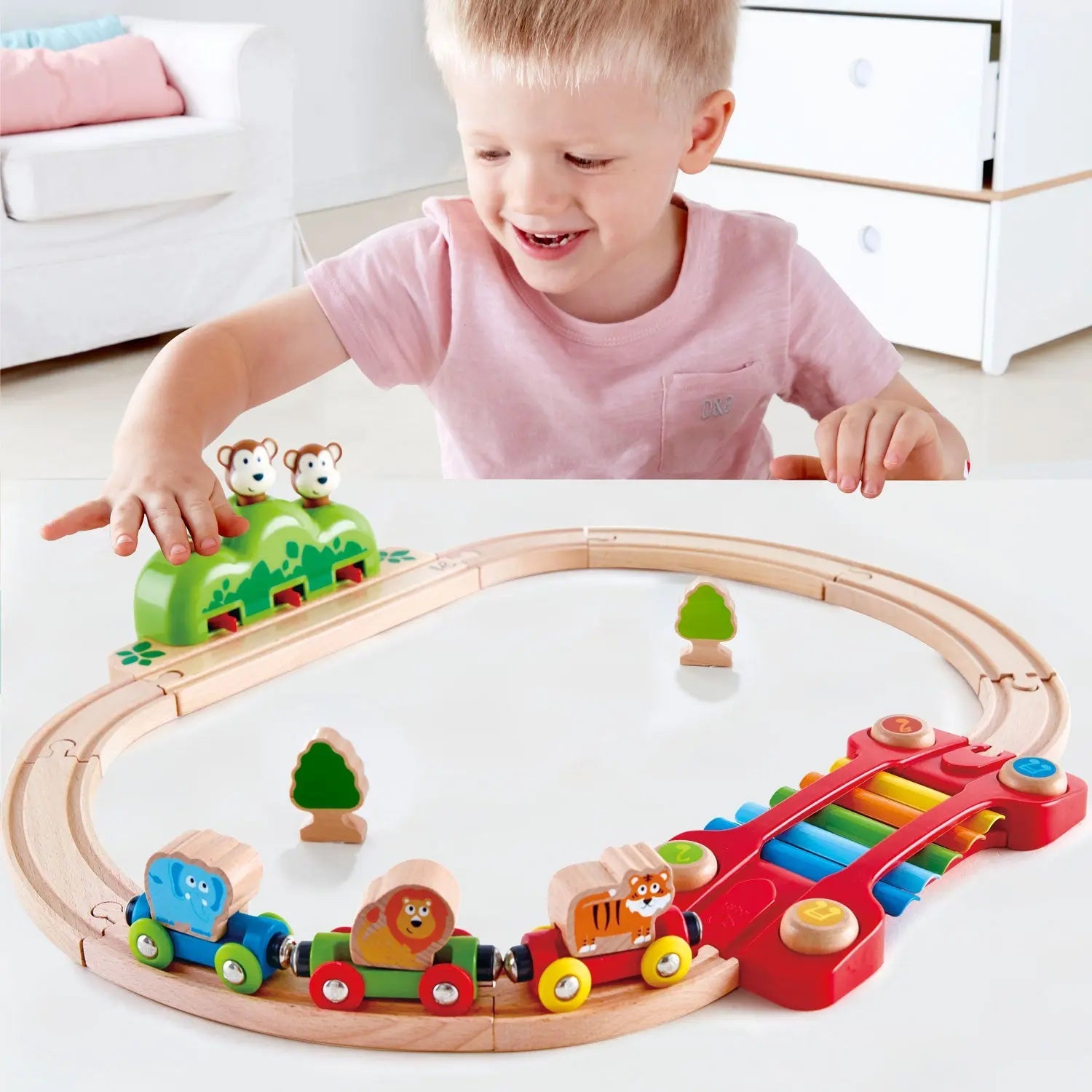 Fidtoy Jungle Wooden Train Set Musical Railway Toy for Toddlers