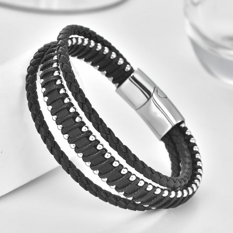 Buddha Stones Black Leather Braided Design Double Layer Strength Bracelet - image 2