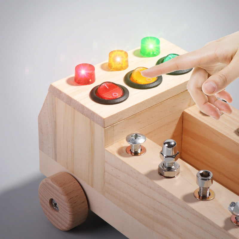 Montessori Wooden FIRE Truck Screwdriver Board with tool kit set Bolts and nuts Cogs LED Switches