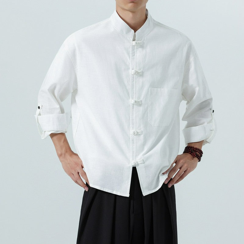 Buddha Stones Spring Fall Tang Style Minimalist Frog Button Mandarin Collar Solid Men's Long Sleeve Shirts With Pocket - White - US/UK/AU46,EU56 (5XL) - image 21