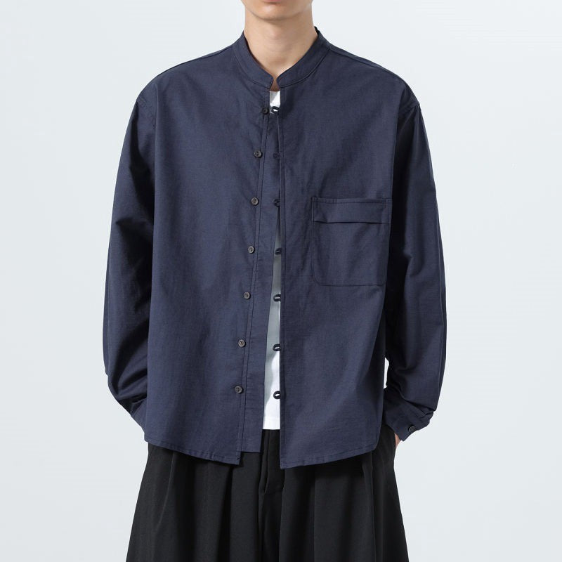 Buddha Stones Fall Minimalist Tang Style Mandarin Collar Patch Pocket Solid Men's Long Sleeve Shirts With Pocket - MidnightBlue - US/UK/AU46,EU56 (5XL) - image 12
