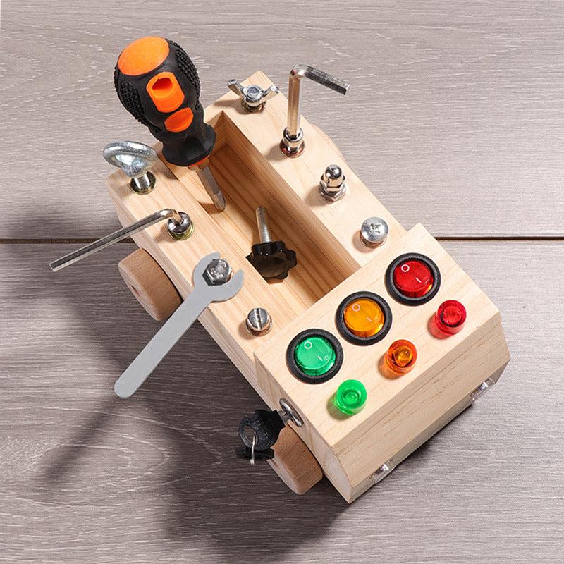 Montessori Wooden FIRE Truck Screwdriver Board with tool kit set Bolts and nuts Cogs LED Switches