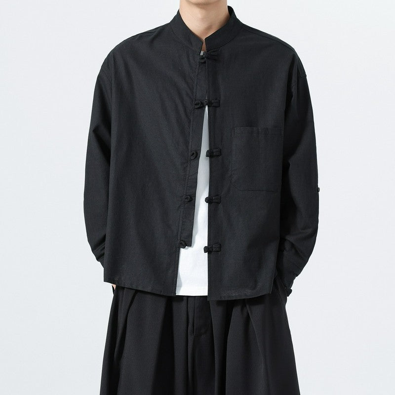 Buddha Stones Spring Fall Tang Style Minimalist Frog Button Mandarin Collar Solid Men's Long Sleeve Shirts With Pocket - Black - US/UK/AU46,EU56 (5XL) - image 7