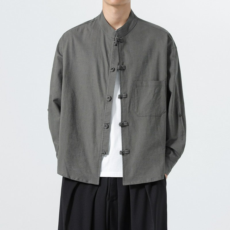 Buddha Stones Spring Fall Tang Style Minimalist Frog Button Mandarin Collar Solid Men's Long Sleeve Shirts With Pocket - DimGray - US/UK/AU46,EU56 (5XL) - image 14